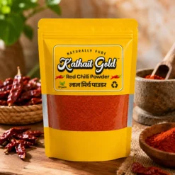Front view of Kathait Gold Red Chilli Powder (Lal Mirch Powder) premium yellow pouch pack with a clear window displaying bright red spice, set on a wooden table with whole red chillies and a stone mortar.