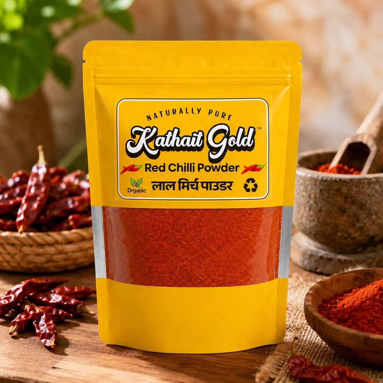 Kathait Gold Red Chilli Powder - Premium Quality 2 Front View Of Kathait Gold Red Chilli Powder (Lal Mirch Powder) Premium Yellow Pouch Pack With A Clear Window Displaying Bright Red Spice, Set On A Wooden Table With Whole Red Chillies And A Stone Mortar.