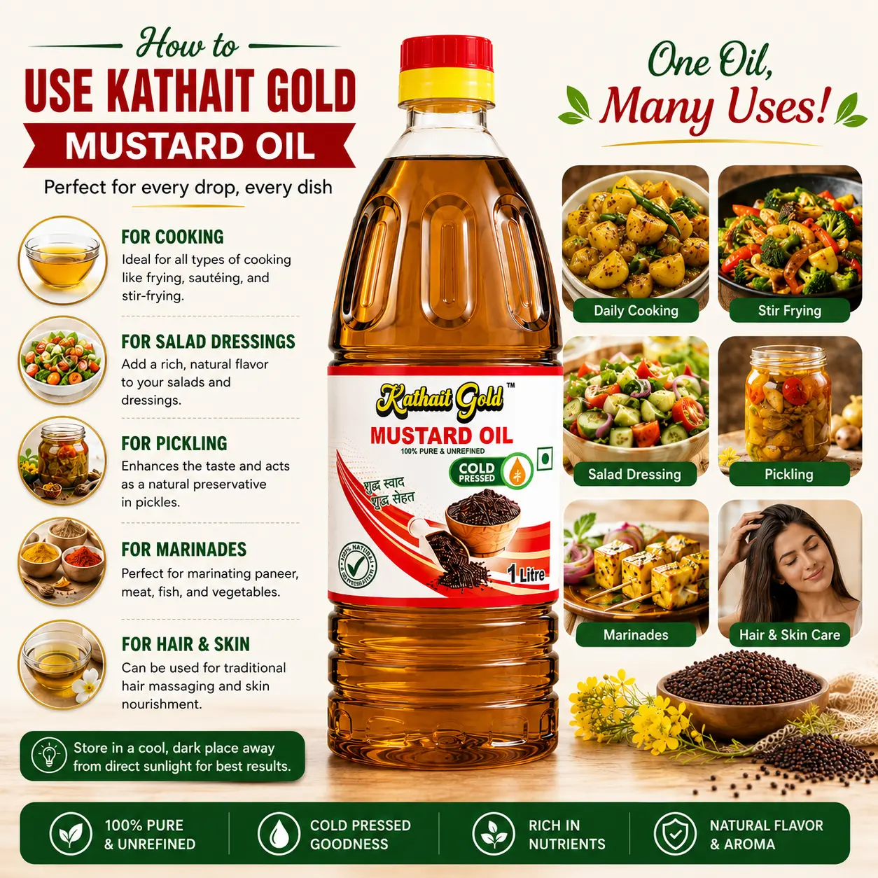 Kathait Gold Cold Pressed Black Mustard Oil – 100% Pure Kacchi Ghani Sarson Ka Tel 4 Infographic Of Kathait Gold Cold Pressed Mustard Oil Uses For Cooking, Salad Dressing, Pickling, Marinades, And Hair Care.