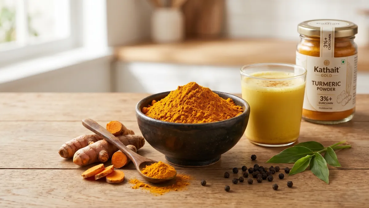 Ultimate Guide to Premium Turmeric Powder | Kathait Gold 1 Premium Golden Turmeric Powder In A Black Bowl Alongside Fresh Raw Rhizome Roots, Black Peppercorns, And Golden Milk Next To A Jar Of Kathait Gold Turmeric Powder On A Rustic Wooden Table.