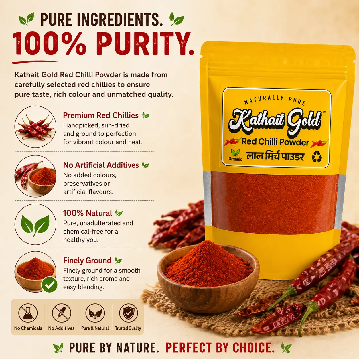 Kathait Gold Red Chilli Powder - Premium Quality 5 Kathait Gold Organic Lal Mirch Powder Product Graphic With The Tagline &Quot;Pure By Nature. Perfect By Choice.&Quot; Highlights Chemical-Free, Additive-Free Processing And Premium Quality Certifications Next To A Bowl Of Vibrant Ground Chilli.
