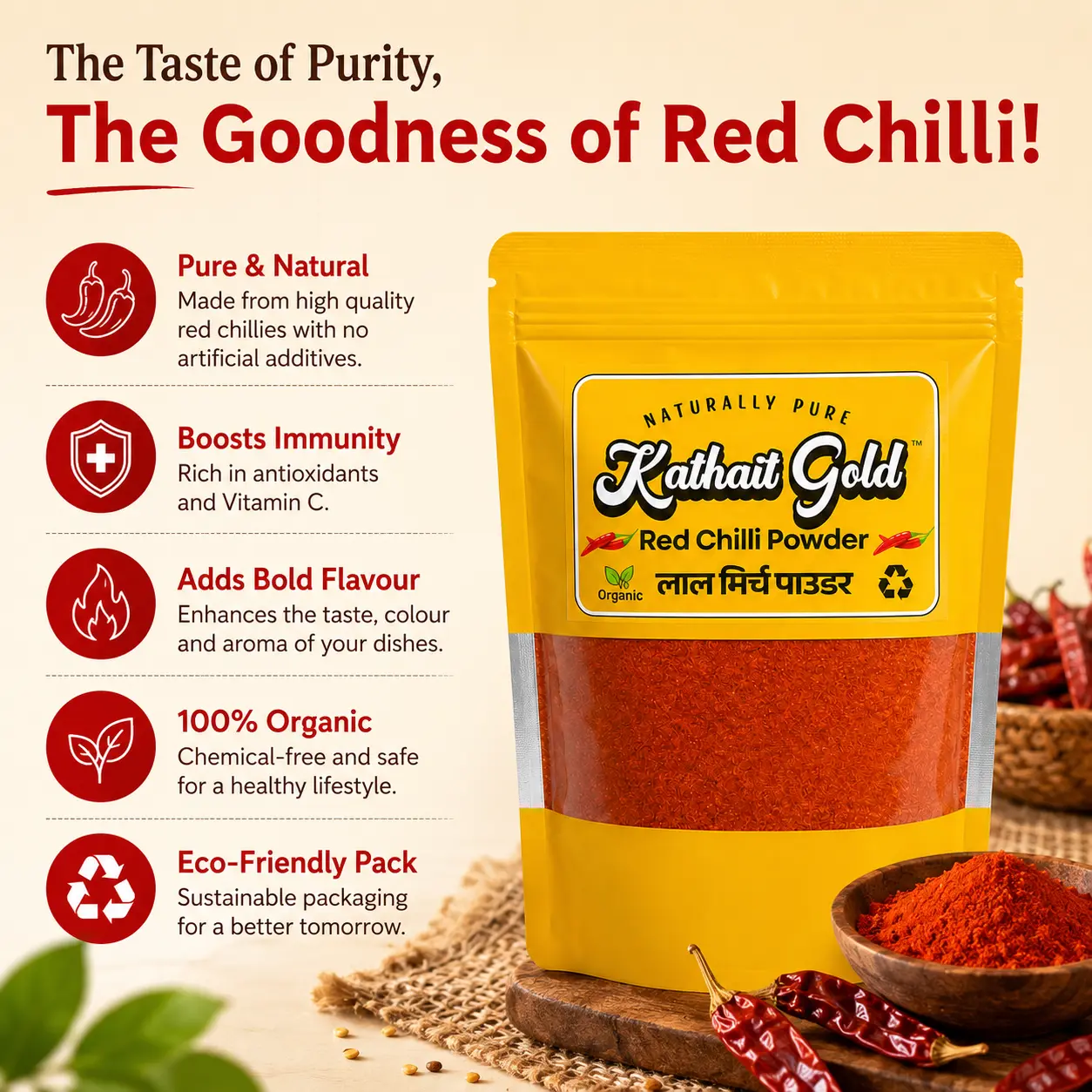 Kathait Gold Red Chilli Powder - Premium Quality 4 Infographic Titled &Quot;The Taste Of Purity, The Goodness Of Red Chilli!&Quot; By Kathait Gold. It Outlines Five Product Benefits: Pure &Amp; Natural, Boosts Immunity With Antioxidants And Vitamin C, Adds Bold Flavor, 100% Organic And Chemical-Free, And Comes In An Eco-Friendly Pack. Features A Yellow Pouch On A Rustic Table.