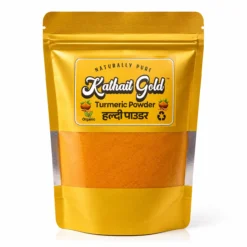 Front view of Kathait Gold Turmeric Powder (Haldi Powder) in a premium golden stand-up pouch. The packaging features a clear window showing the finely ground, vibrant golden-yellow organic spice, isolated on a white background.