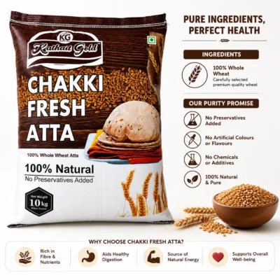 Kathait Gold Chakki Fresh Atta 10Kg Pack Alongside A Wooden Bowl Of Wheat Grains And Fresh Rotis. The Product Graphic Features Its Purity Promise: 100% Natural, No Preservatives, No Artificial Colors, And No Chemicals.