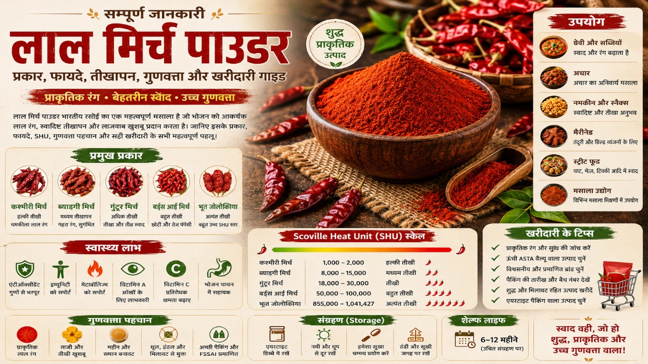 लाल मिर्च पाउडर की सम्पूर्ण जानकारी – प्रकार, फायदे, Shu स्केल, गुणवत्ता पहचान और खरीदारी गाइड