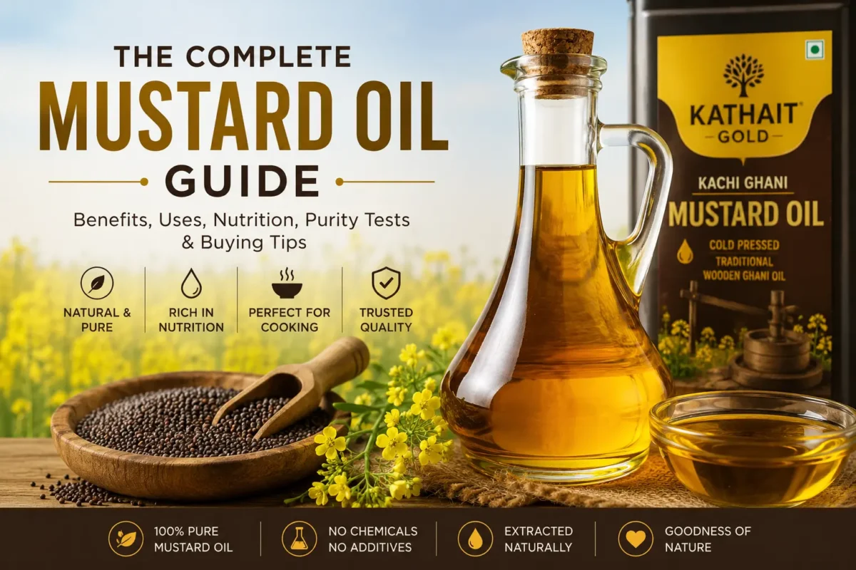 Complete Mustard Oil Guide: Benefits, Uses, & Purity Tests | Kathait Gold 1 Pure Kachi Ghani Mustard Oil Guide With Benefits, Uses And Nutrition Information