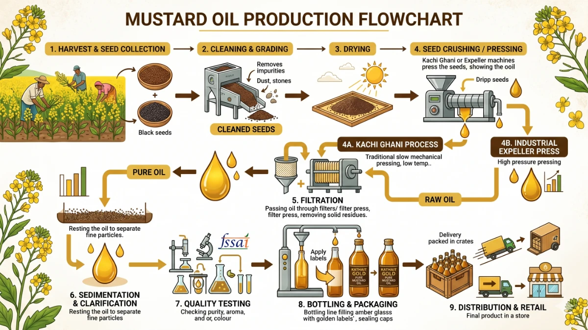 शुद्ध कच्ची घानी सरसों का तेल बनाने की प्रक्रिया का फ्लोचार्ट (Mustard Oil Production Process Flowchart)