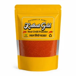 Kathait Gold Red Chilli Powder in a vibrant yellow stand-up pouch. The packaging features a large transparent front window showing the finely ground, bright red organic spice, isolated on a white background.