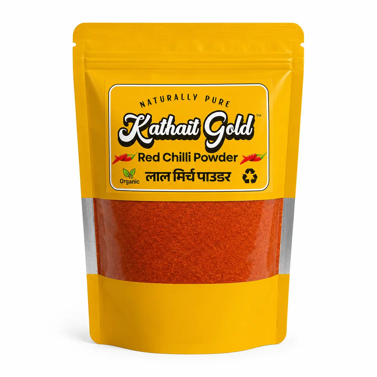 Kathait Gold Red Chilli Powder - Premium Quality 1 Kathait Gold Red Chilli Powder In A Vibrant Yellow Stand-Up Pouch. The Packaging Features A Large Transparent Front Window Showing The Finely Ground, Bright Red Organic Spice, Isolated On A White Background.
