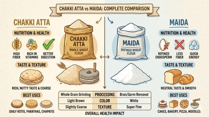 Hakki Atta Vs Maida Comparison Infographic Showing Whole Wheat Flour Nutrition Health Benefits Vs Refined Wheat Flour Uses