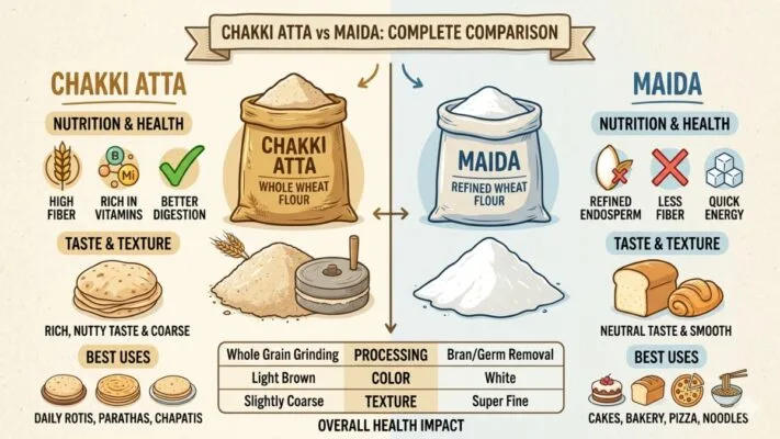 Hakki Atta Vs Maida Comparison Infographic Showing Whole Wheat Flour Nutrition Health Benefits Vs Refined Wheat Flour Uses