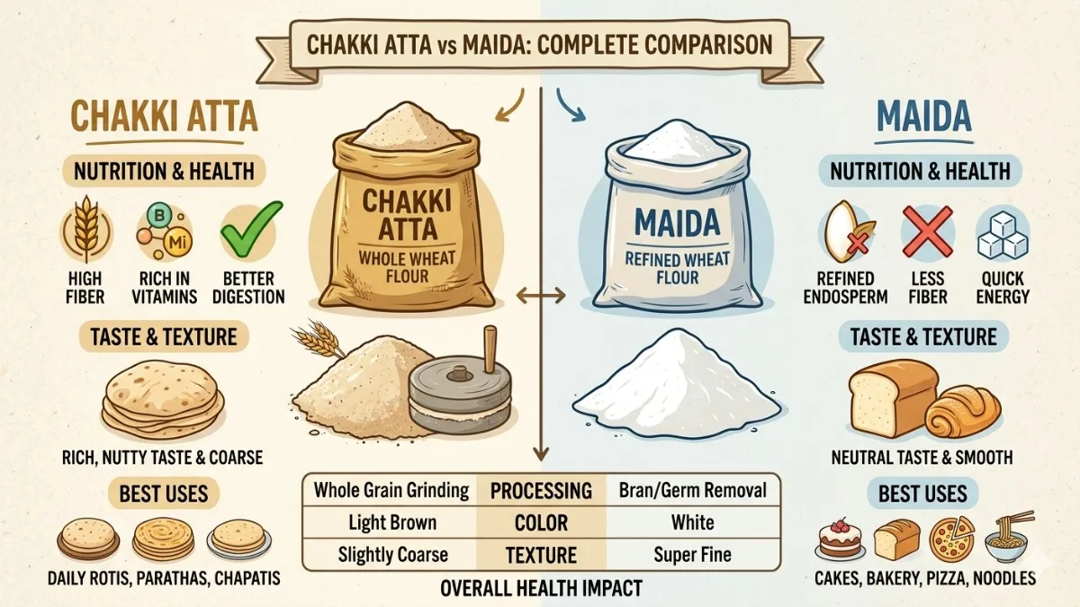 Chakki Atta vs Maida: Which Flour Is Better for Your Health? 1 Hakki Atta Vs Maida Comparison Infographic Showing Whole Wheat Flour Nutrition Health Benefits Vs Refined Wheat Flour Uses
