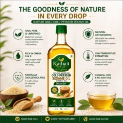 Kathait Gold Cold Pressed Sesame Oil 1L – 100% Pure And Unrefined Sesame Oil With Natural Antioxidants, Omega 6 &Amp; 9, And Traditional Low-Temperature Extraction.