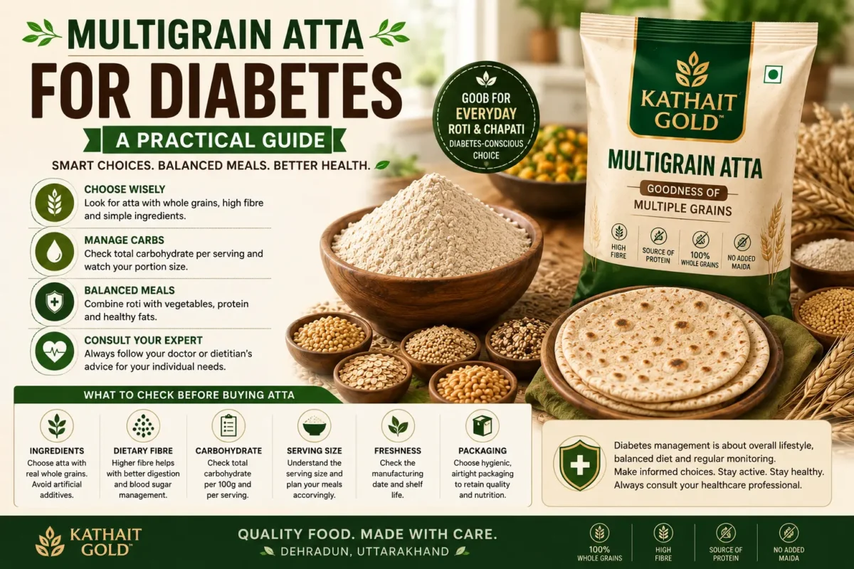 Which Multigrain Atta Brand Is Best for Diabetes? A Practical Guide 1 Multigrain Atta For Diabetes Guide Showing Whole Grains, Fibre, Carbohydrate, Portion Size And Balanced Meal Guidance