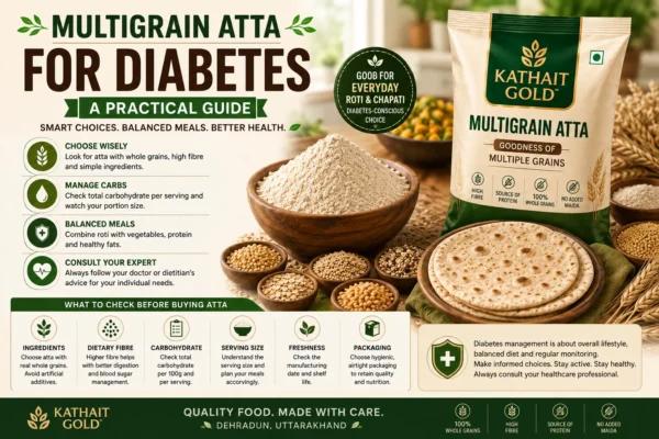 Multigrain Atta For Diabetes Guide Showing Whole Grains, Fibre, Carbohydrate, Portion Size And Balanced Meal Guidance