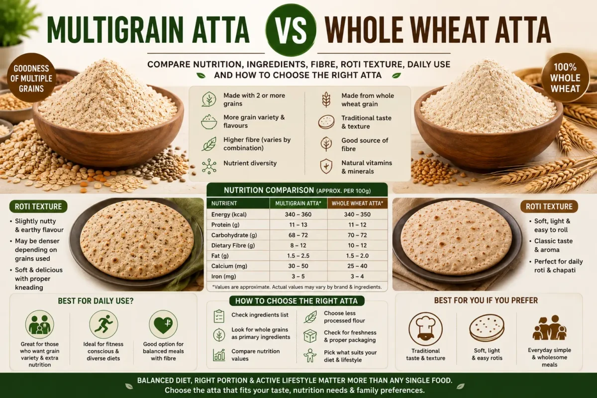 Multigrain Atta vs Whole Wheat Atta: Which Is Better? 1 Multigrain Atta Vs Whole Wheat Atta Comparison For Nutrition, Fibre, Roti Texture And Daily Use