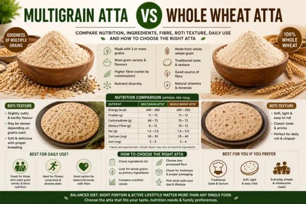 Multigrain Atta Vs Whole Wheat Atta Comparison For Nutrition, Fibre, Roti Texture And Daily Use