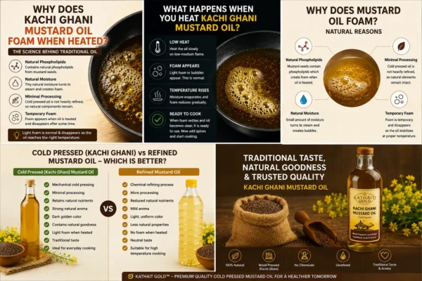 Step-By-Step Guide Showing What Happens When Heating Cold Pressed Kachi Ghani Mustard Oil Before Cooking.