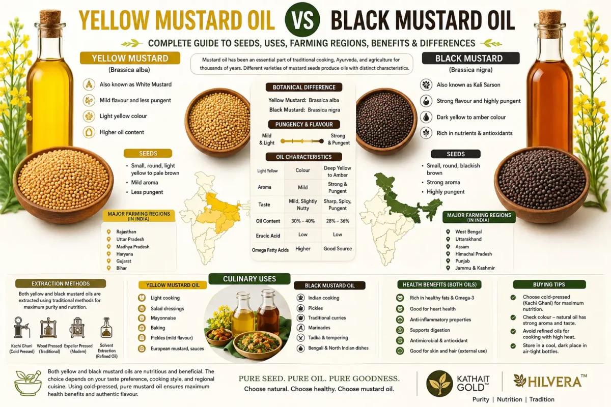 Yellow Mustard Oil vs Black Mustard Oil: The Complete & Best Comparison 1 Yellow Mustard Oil Vs Black Mustard Oil Infographic Comparison Guide Highlighting Botanical Differences, Oil Characteristics, Seeds, Farming Regions, Culinary Uses, Health Benefits, And Extraction Methods.