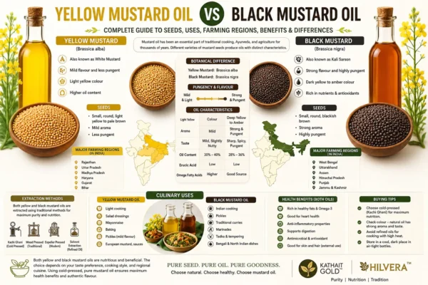 Yellow Mustard Oil Vs Black Mustard Oil Infographic Comparison Guide Highlighting Botanical Differences, Oil Characteristics, Seeds, Farming Regions, Culinary Uses, Health Benefits, And Extraction Methods.